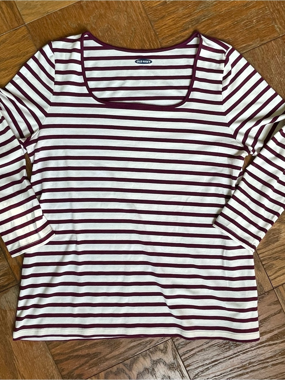 Old Navy Burgundy & White Striped Flattering Square Neck Long Sleeve Top Large